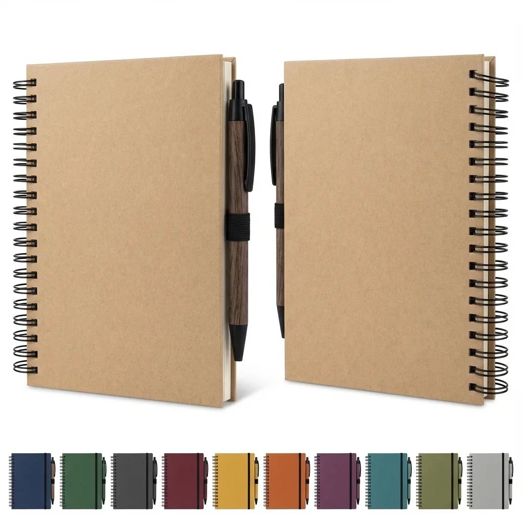 Eco-Conscious Kraft Spiral Notebook Set with Pen Holder & Elastic Loop