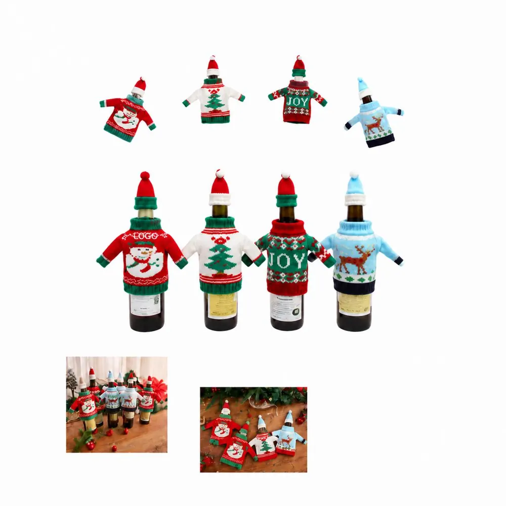 Knitted Christmas Wine Bottle Cover Set, 6 Pack Festive