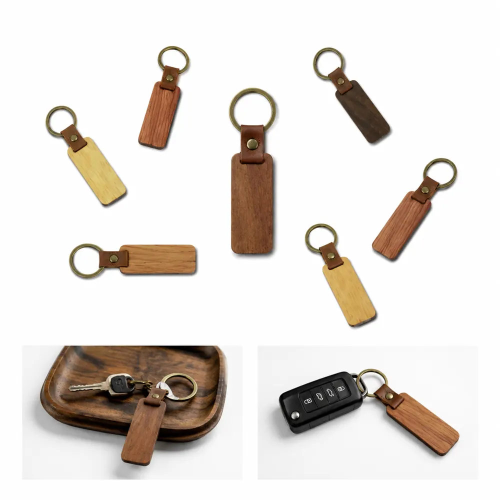 Engraveable Wooden Keychain with Leather Strap 2