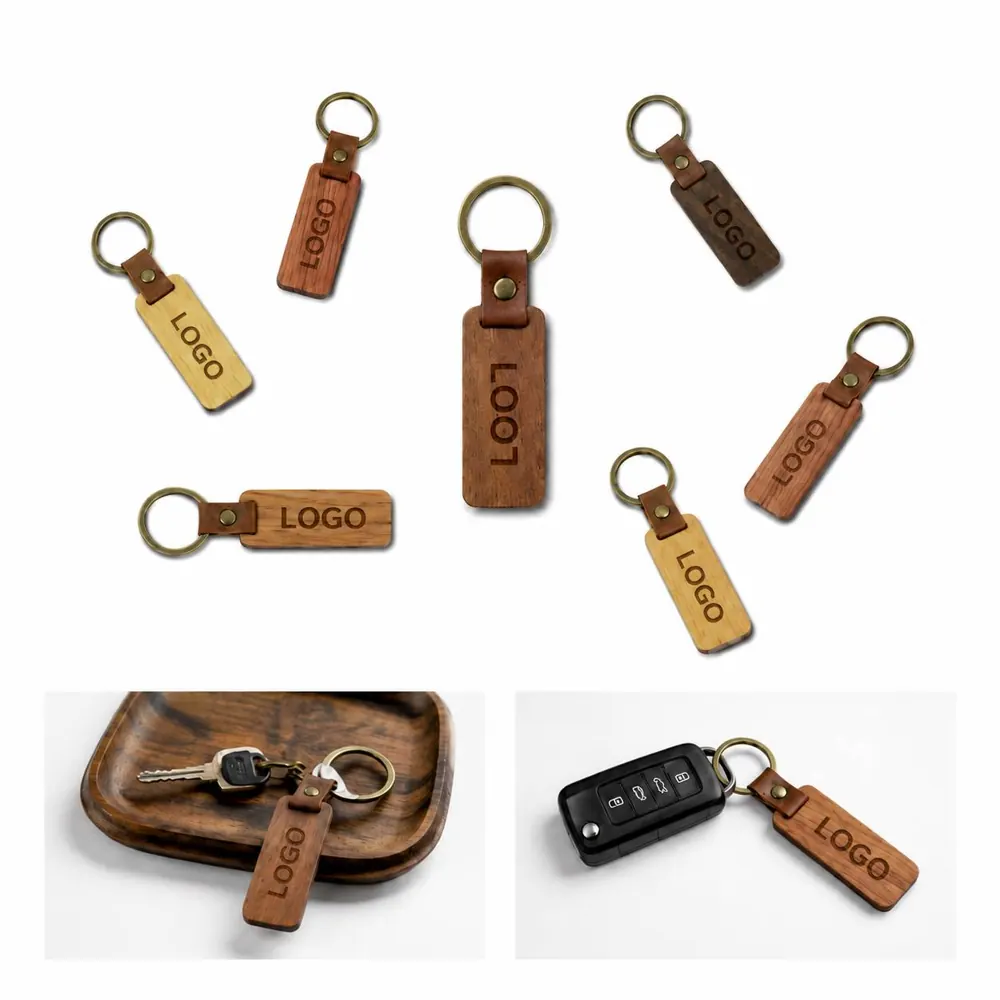 Engraveable Wooden Keychain with Leather Strap