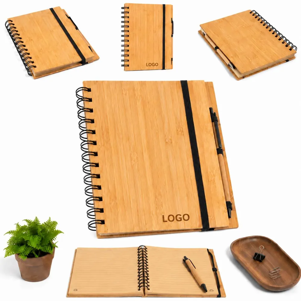 Eco Bamboo Notebook with Pen, Acid-Free Paper, Flat Lay