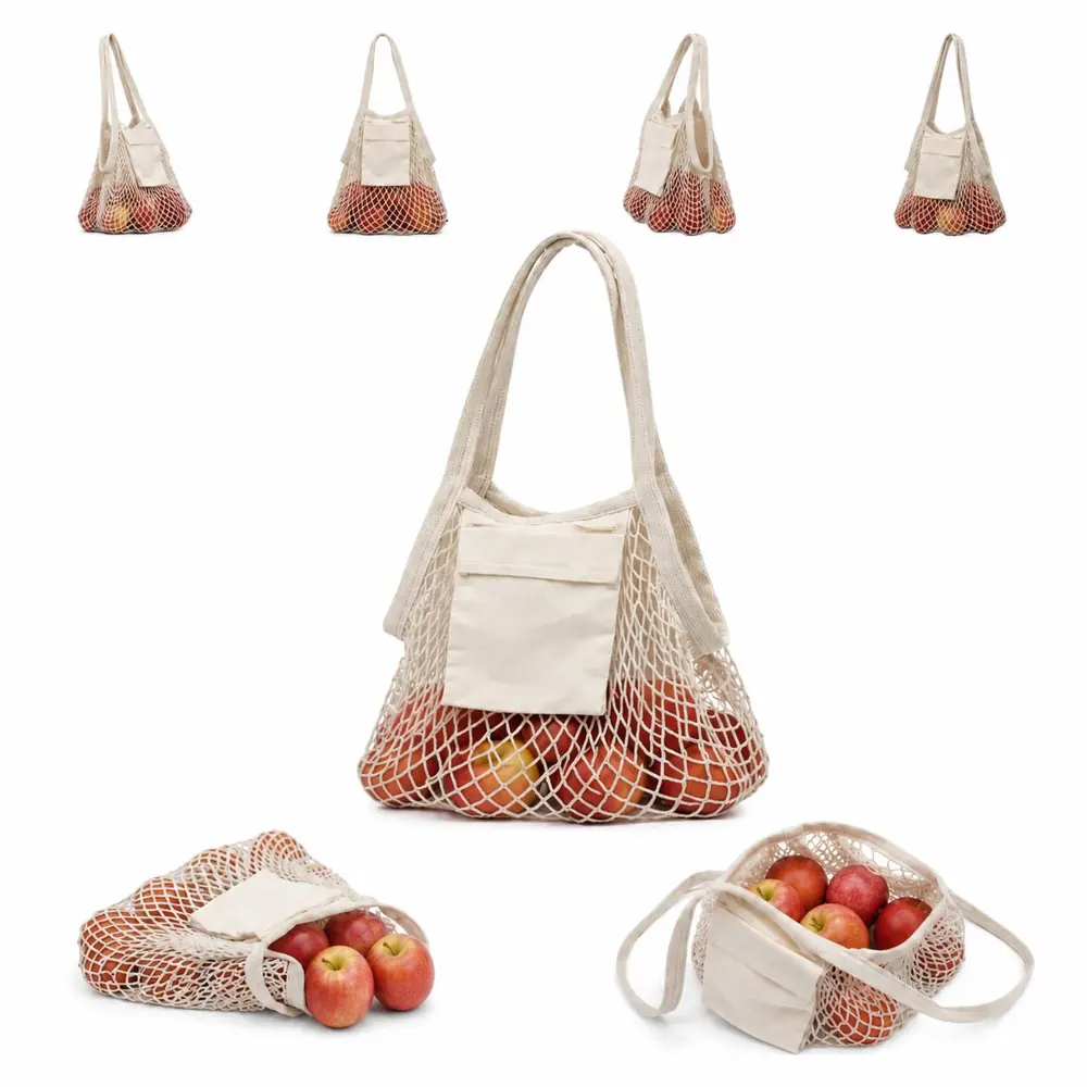 Collapsible Cotton Mesh Tote Bag with Pouch 2