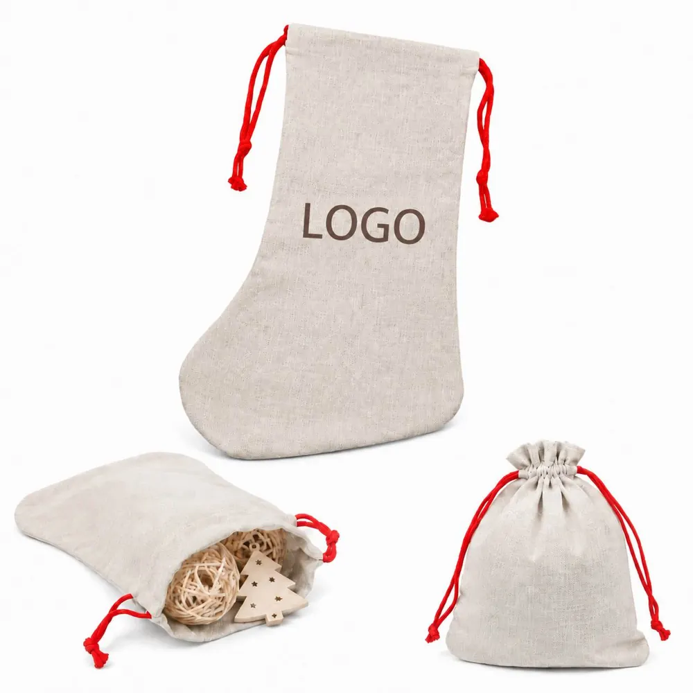 Linen Christmas Stocking with Snowflake and Reindeer Motifs