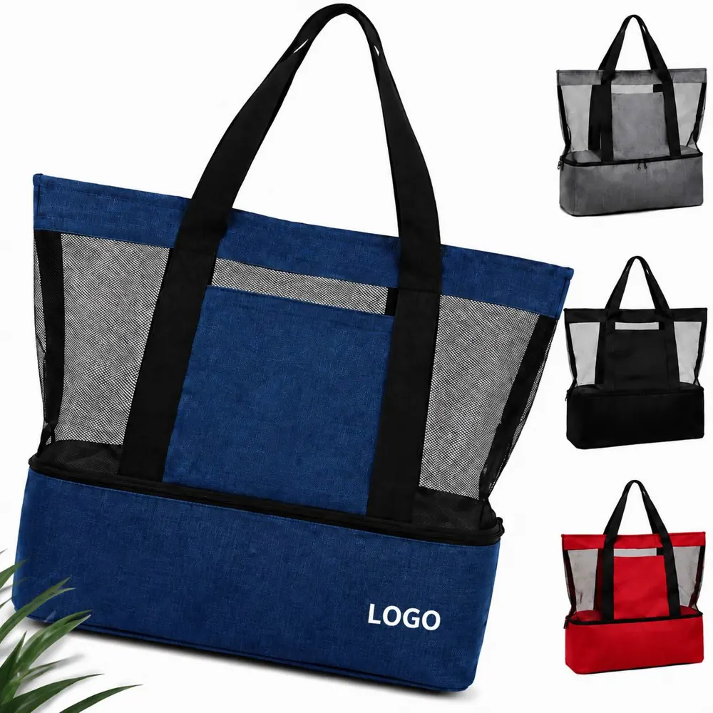 Large Mesh Beach Tote with Insulated Cooler Compartment