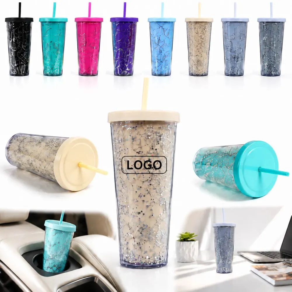 24oz Glitter Plastic Tumbler with Straw & Spill-Resistant