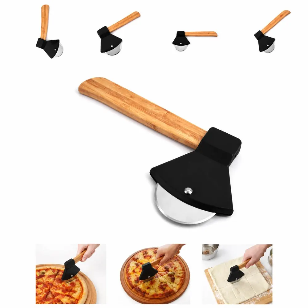 Bamboo Handle Axe-Shaped Pizza Cutter with Stainless Steel 2