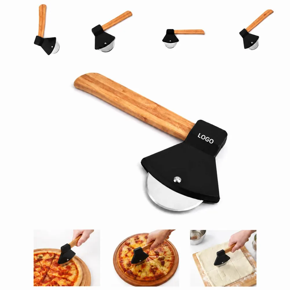 Bamboo Handle Axe-Shaped Pizza Cutter with Stainless Steel