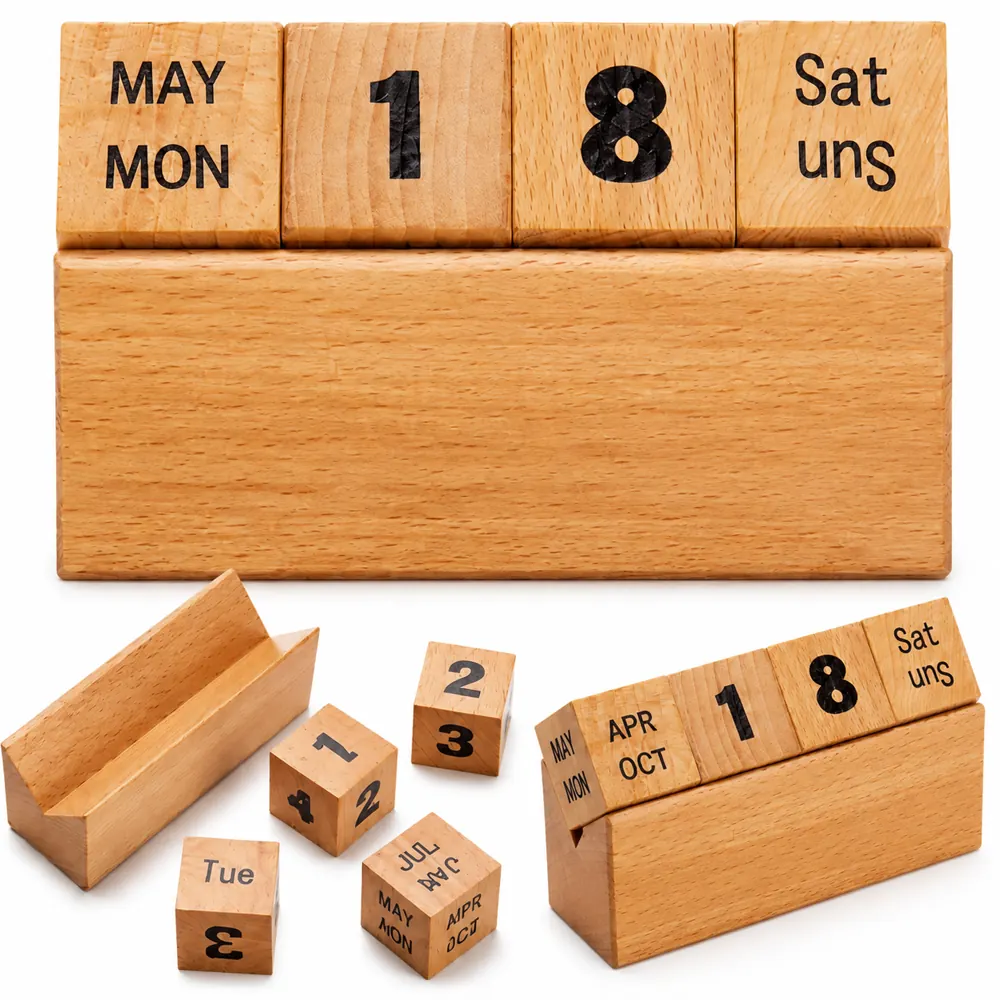 Eco Wood Perpetual Block Calendar, Natural Finish Desk Date 2