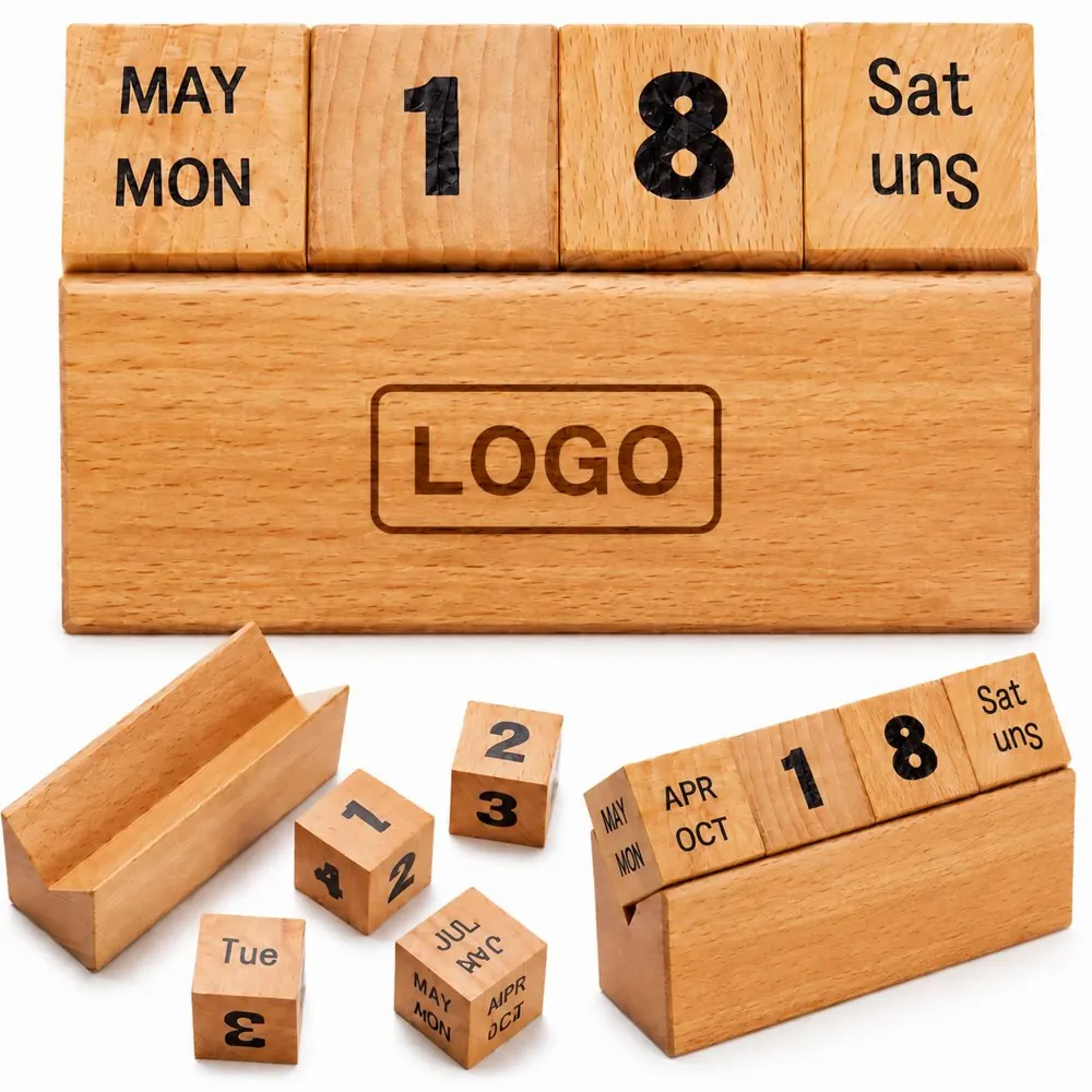Eco Wood Perpetual Block Calendar, Natural Finish Desk Date