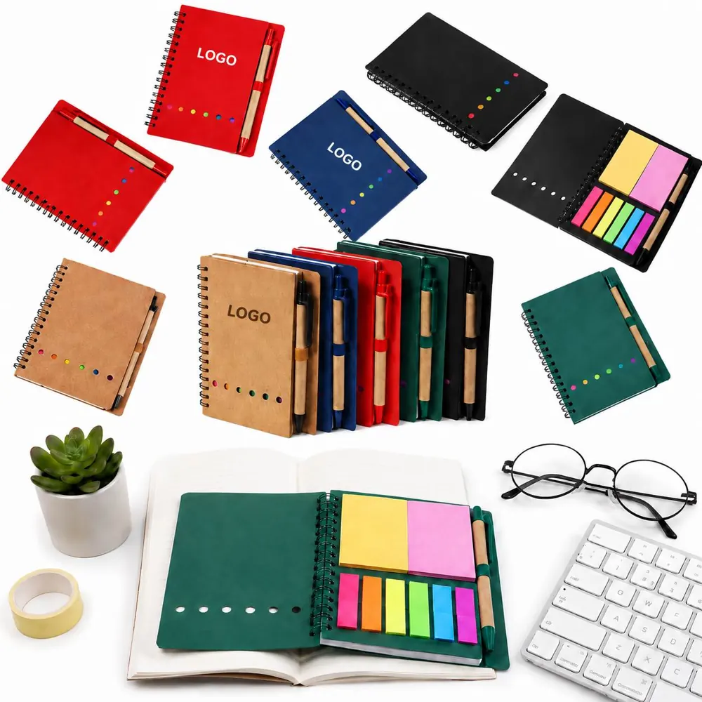 Kraft Spiral Notebook with Sticky Notes and Pen, Flat-Lay