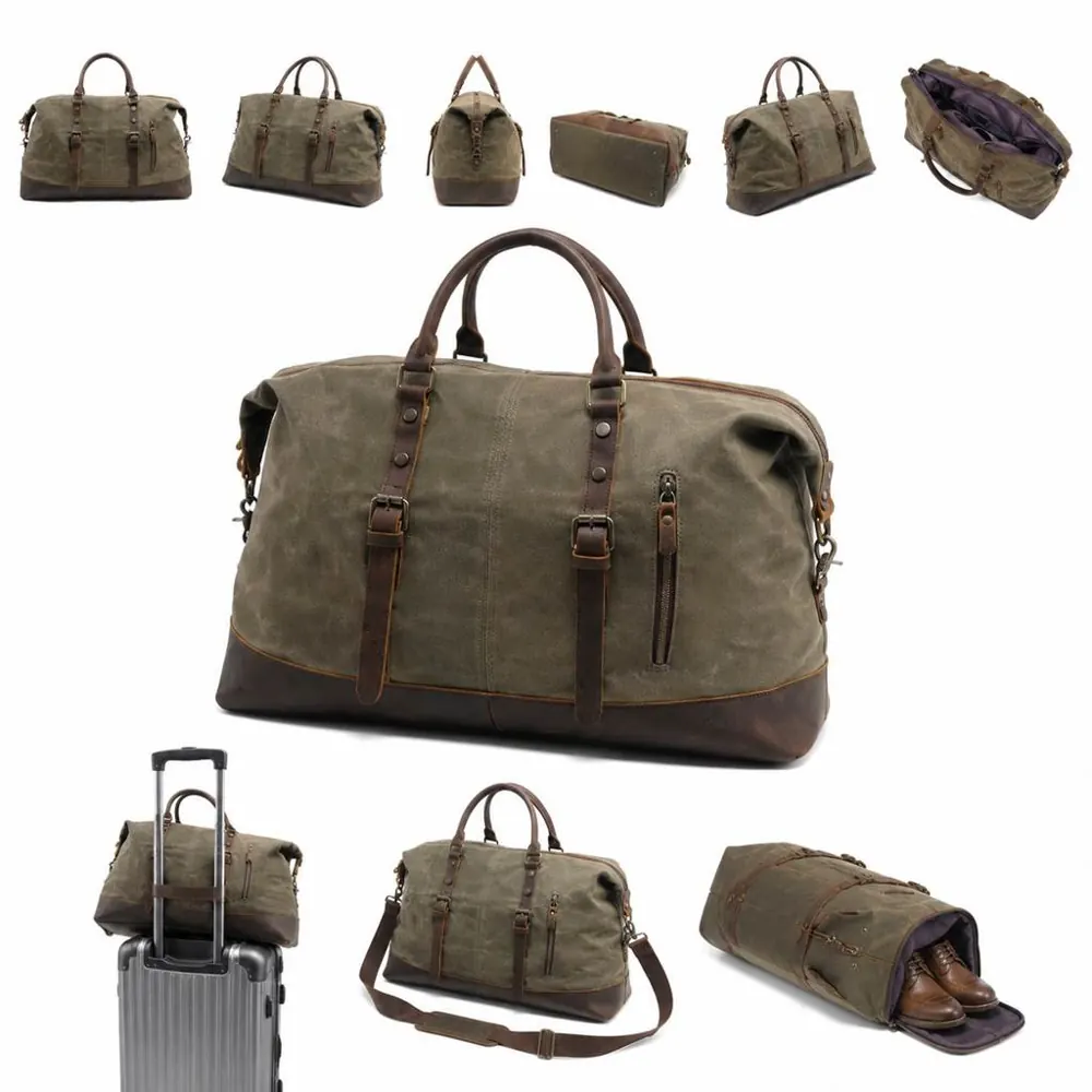Waterproof Waxed Canvas Duffel Weekender with Full-Grain 2