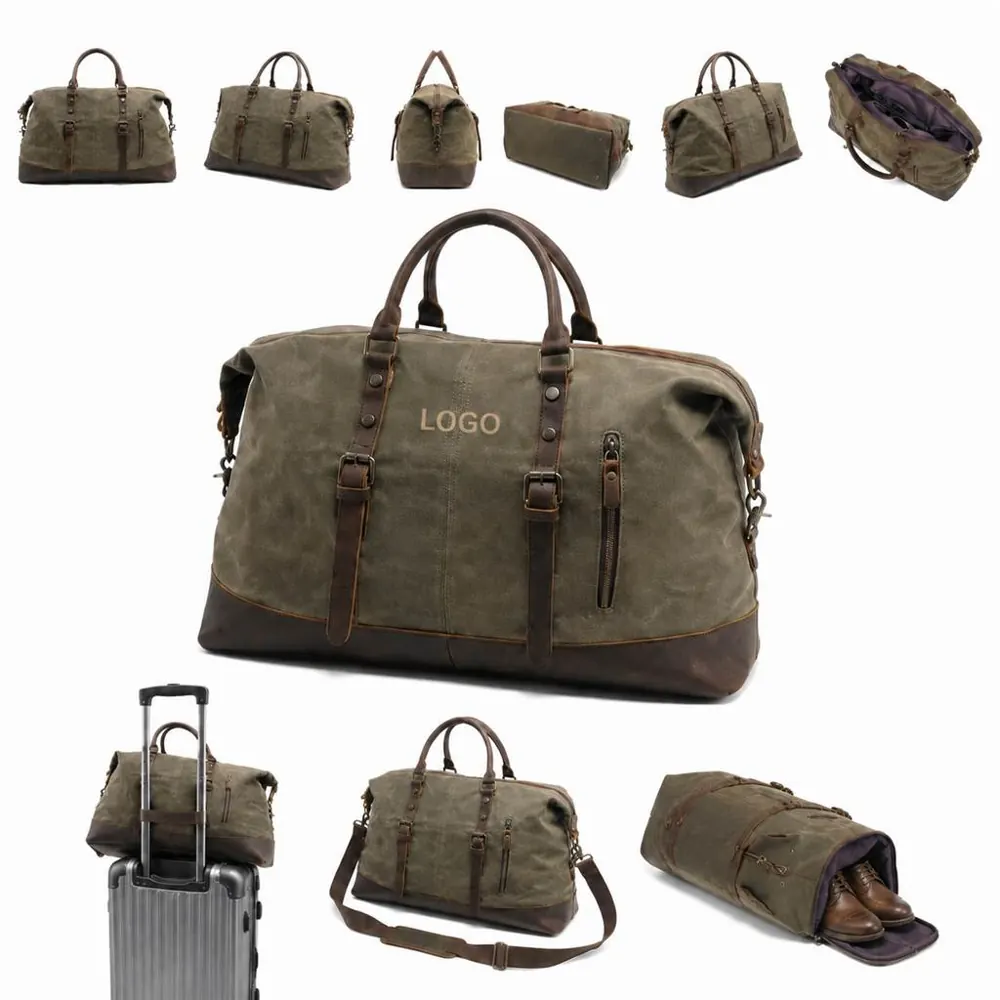 Waterproof Waxed Canvas Duffel Weekender with Full-Grain