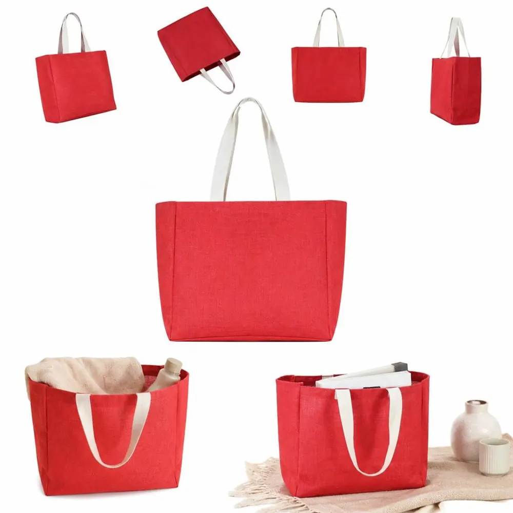 Red Jute Tote Bag Eco-Friendly Reusable Shopping Carrier 2