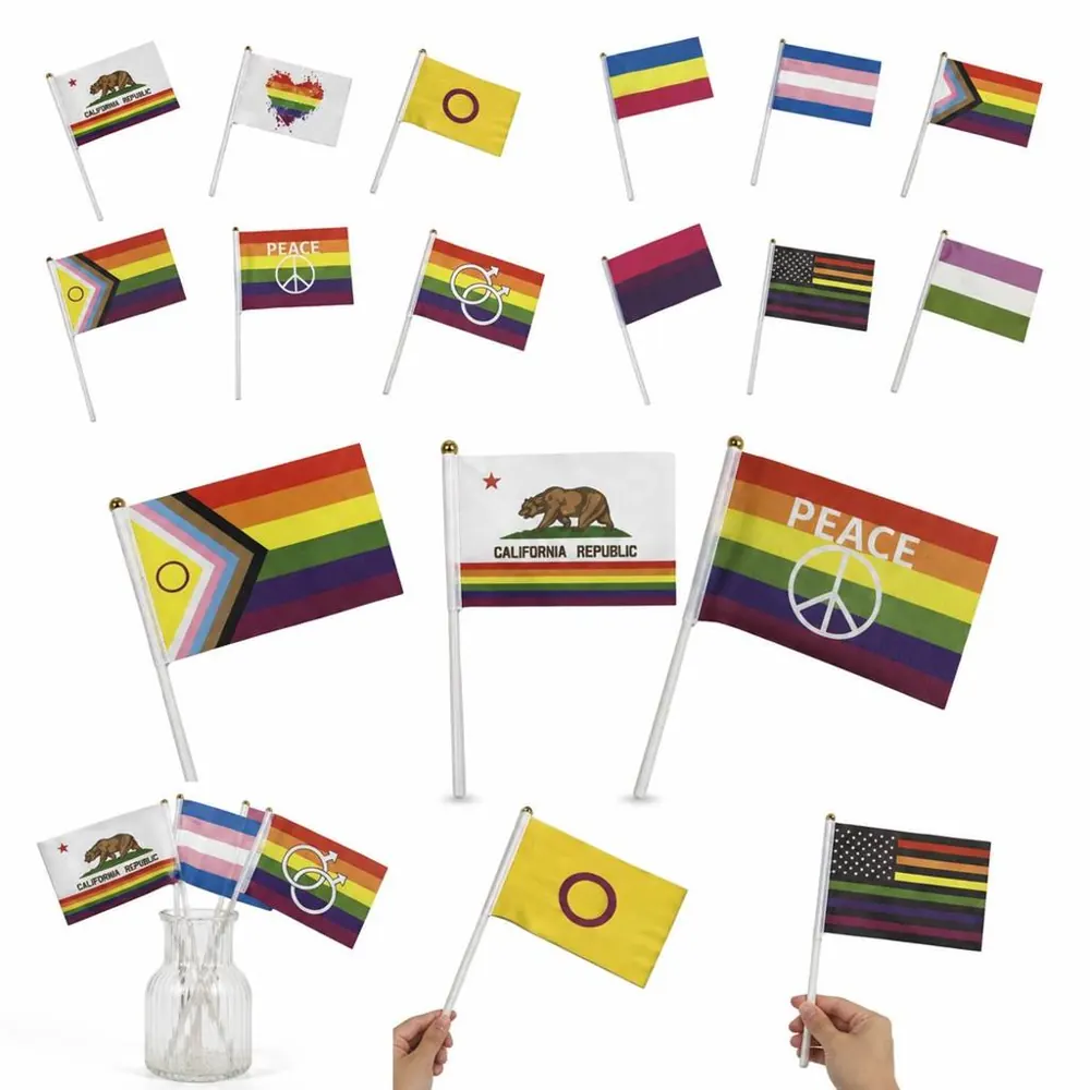 12 Pack LGBTQ+ Pride Hand Waving Flags Set with Gold Top 2