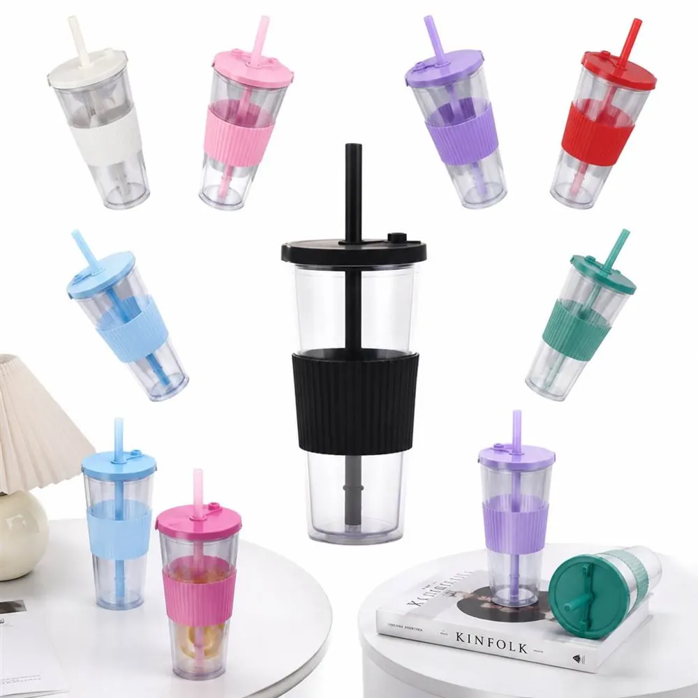 24 oz Clear Acrylic Double Wall Tumbler with Straw and Grip 2