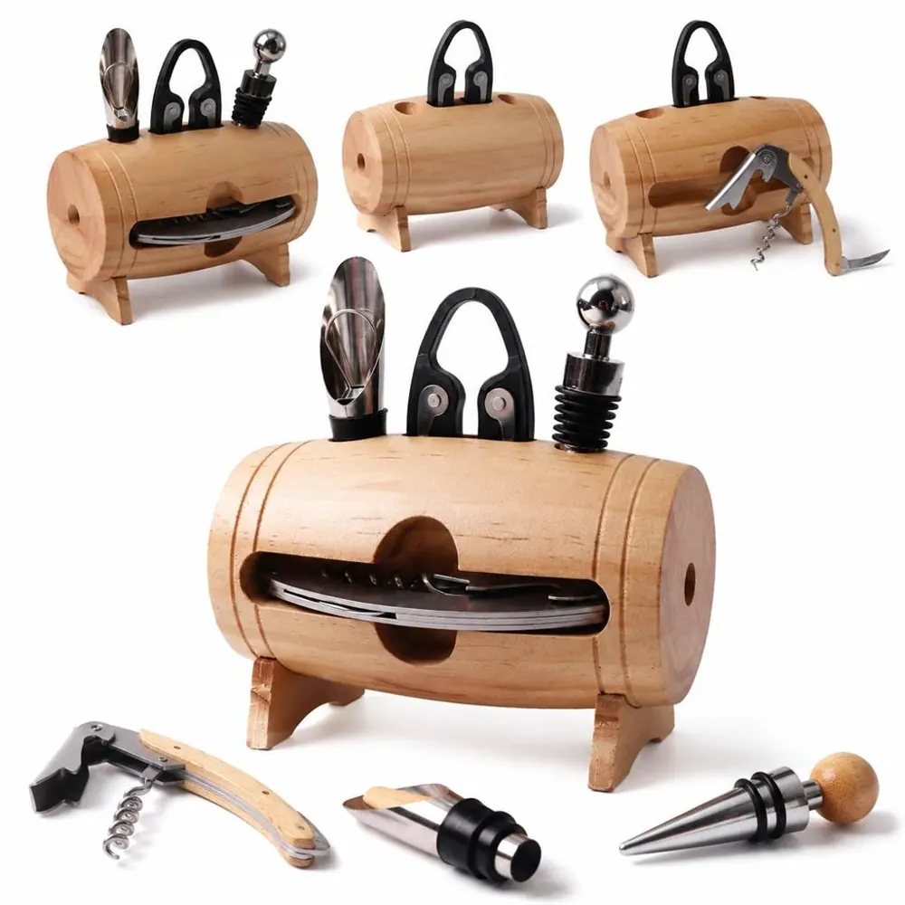 Wooden Barrel Wine Set with Corkscrew and Pourer 2