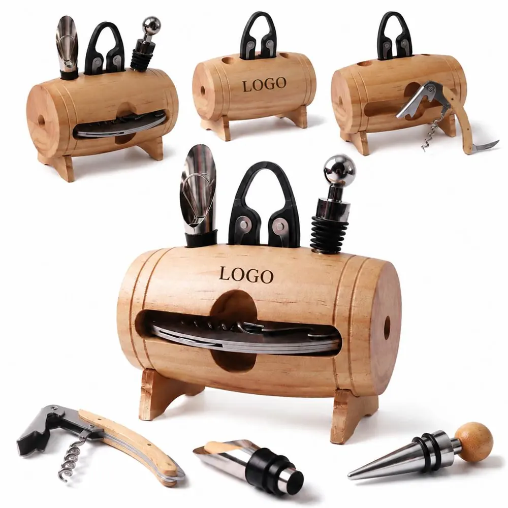 Wooden Barrel Wine Set with Corkscrew and Pourer