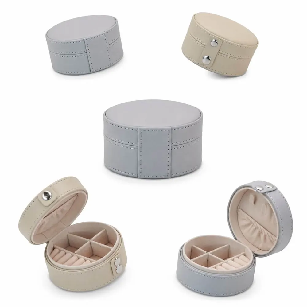PU Mini Round Jewelry Box with Soft Lining, Compact Travel 2