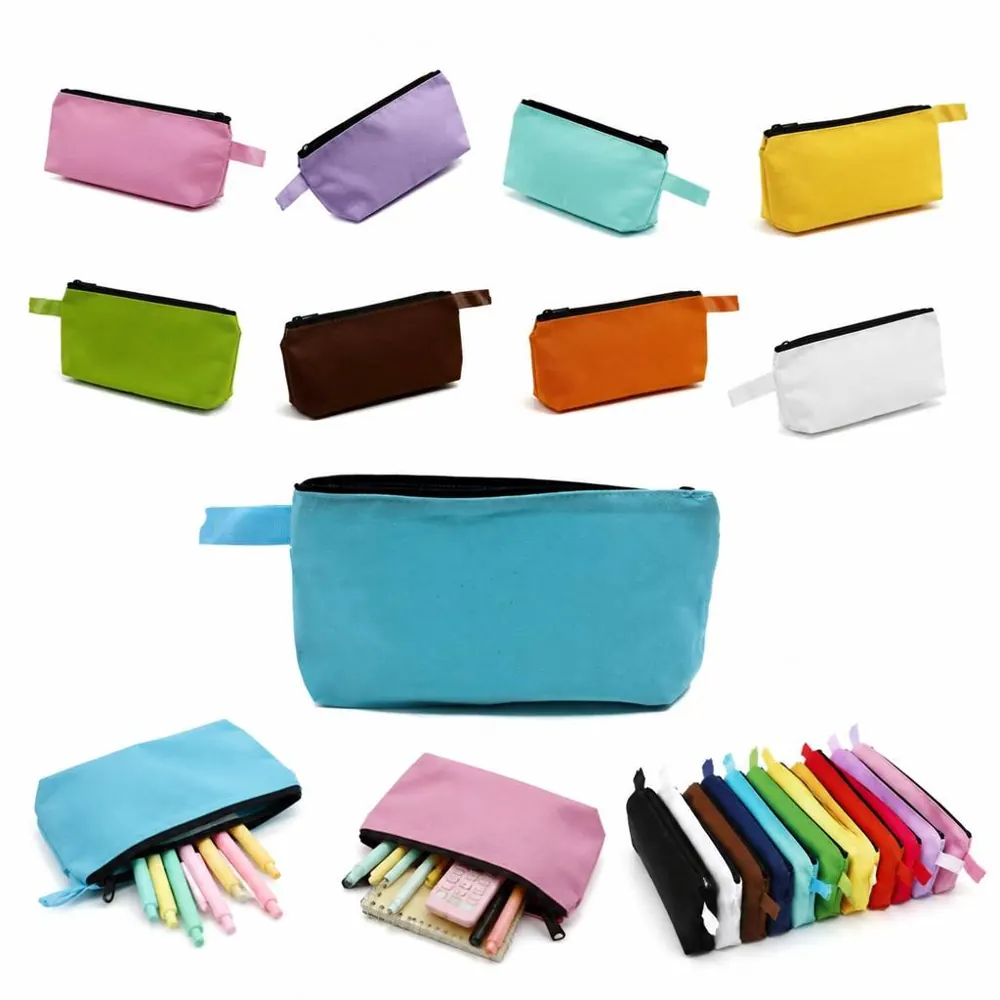 Solid Color Canvas Pencil Case Storage Bag with Zipper 2