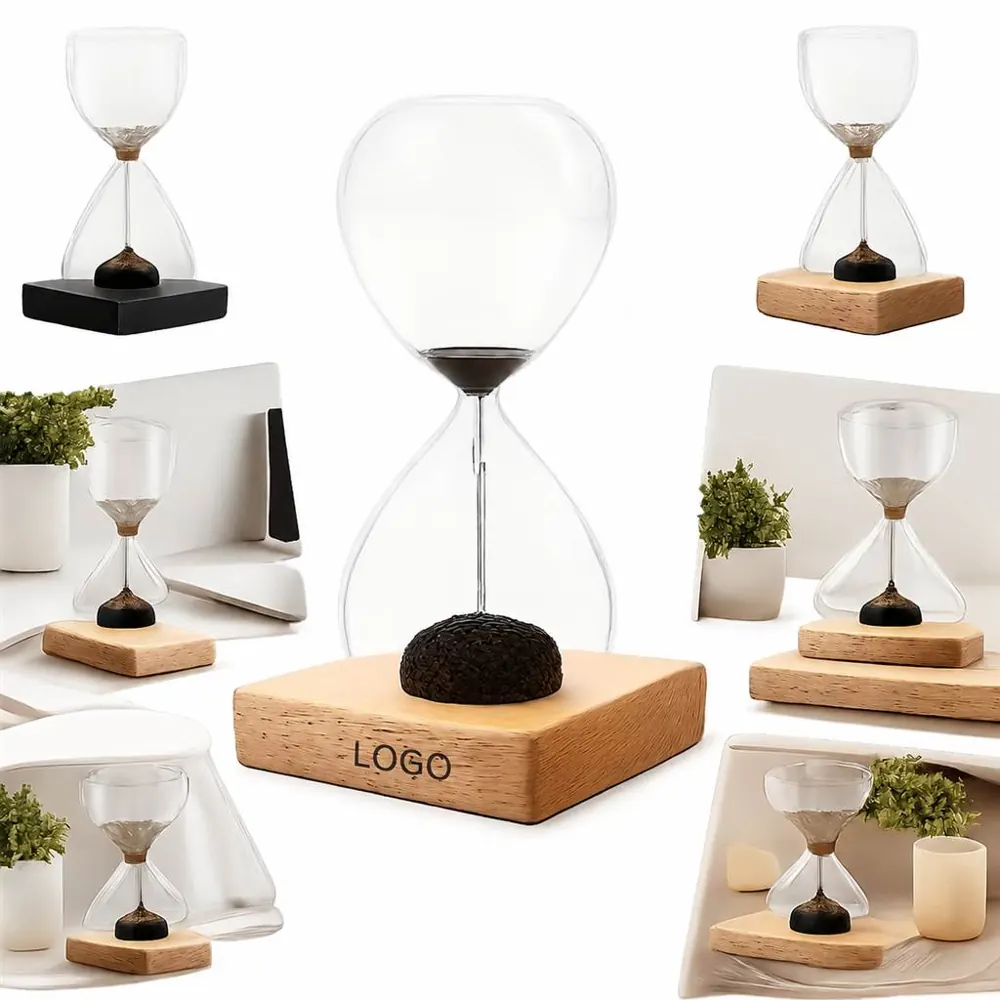 Magnetic Sand Hourglass with Wooden Base, Asymmetric Glass