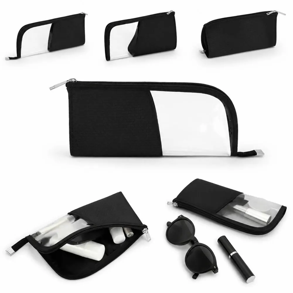 Black Honeycomb Textured Makeup Pouch with Transparent 2