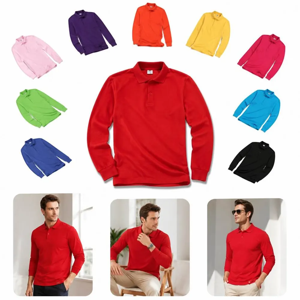 Men's Long Sleeve Cotton Polo Shirt with Chest Pocket 2