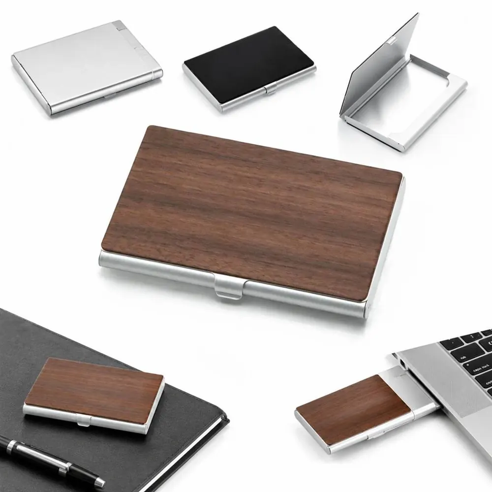 Walnut Metal Business Card Holder with Logo Engraving 2
