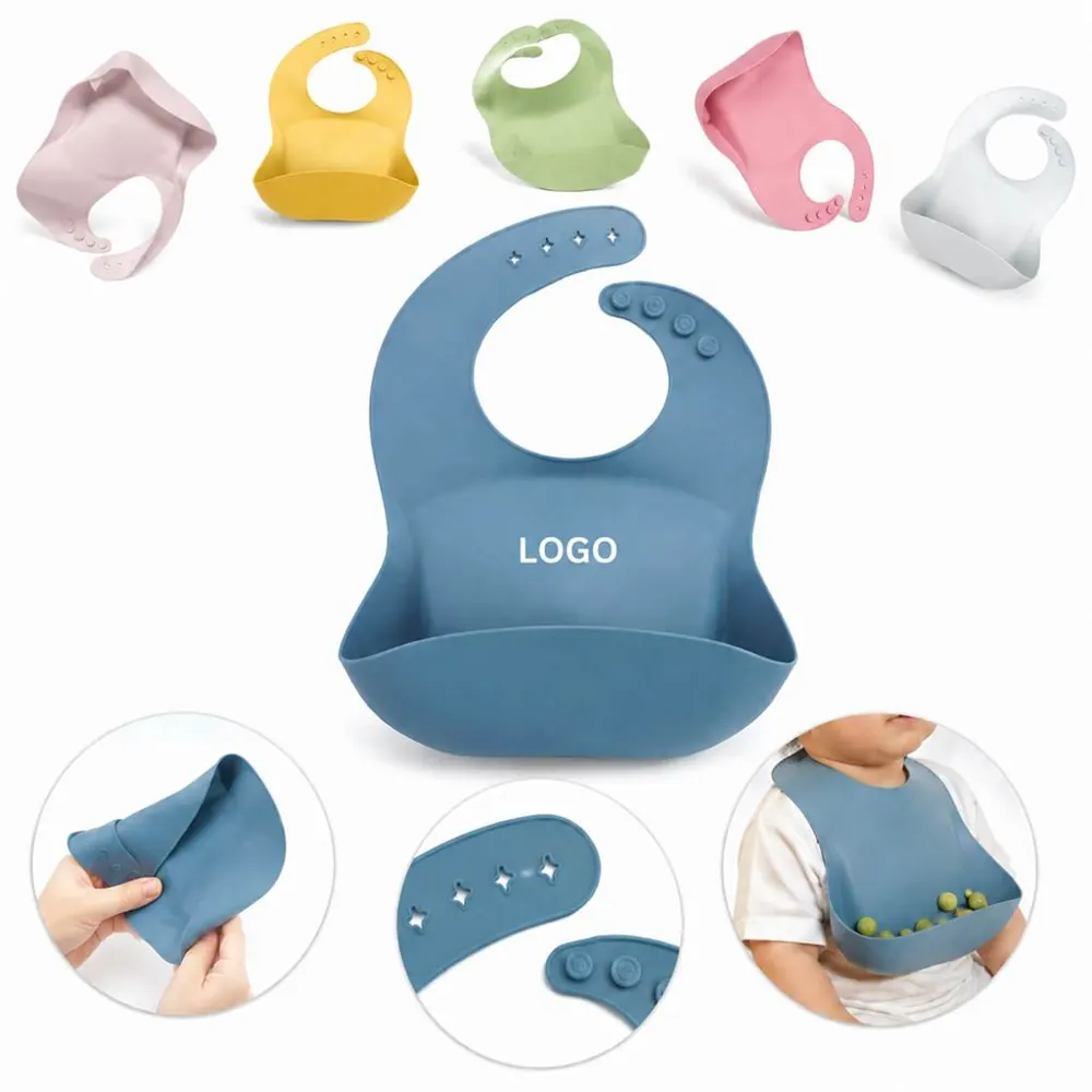 Adjustable Silicone Baby Bib with Catch Pocket, Easy Clean