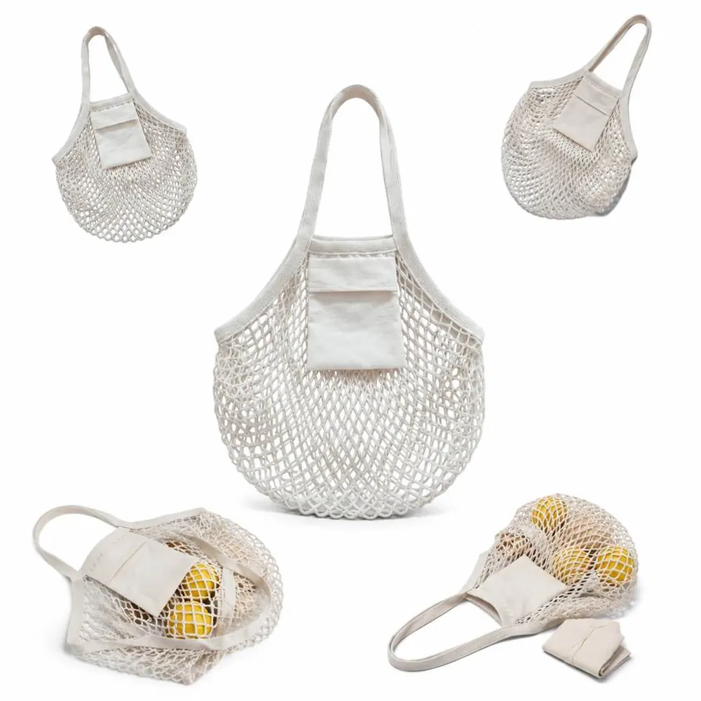 Reusable Cotton Mesh Tote with Pocket, Long Handles 2