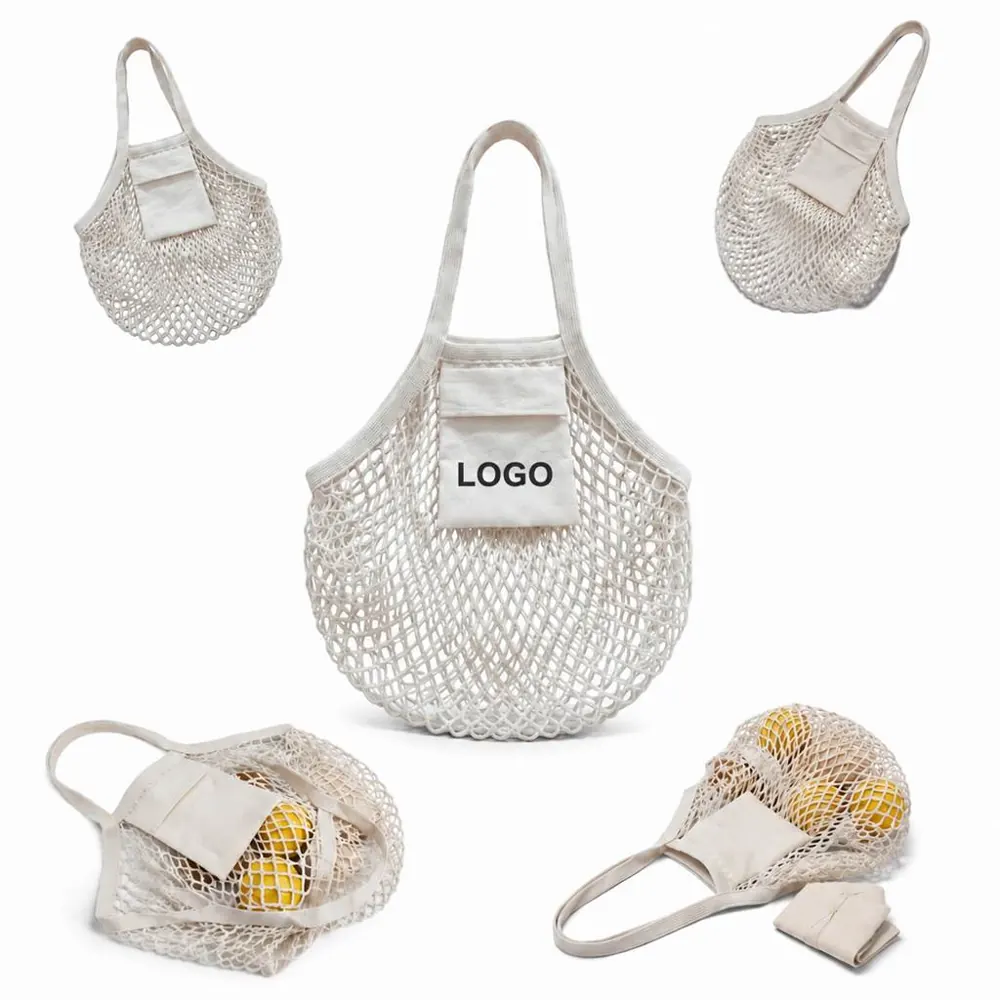Reusable Cotton Mesh Tote with Pocket, Long Handles