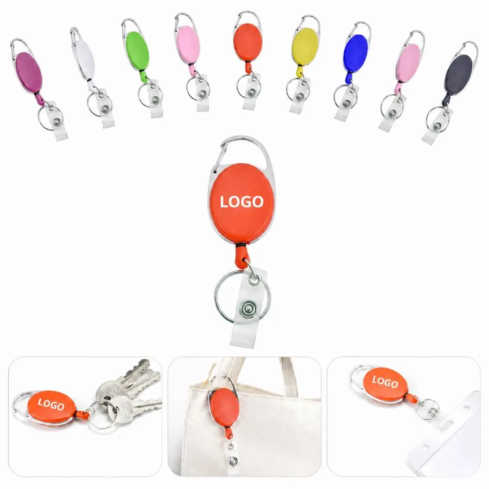 Retractable Badge Reel with Carabiner and Key Ring, ABS