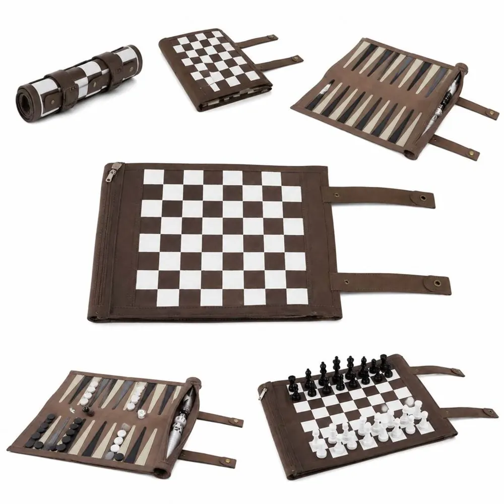 Roll-Up Leather Chess Backgammon Set, 2-in-1 Portable 2