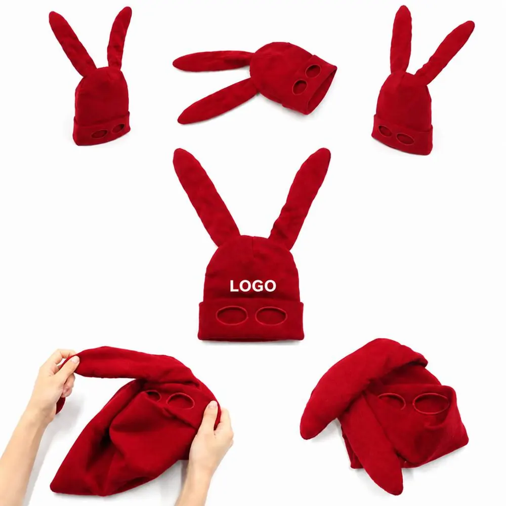 Knitted Bunny Ear Mask Hat with Eye Holes for Halloween