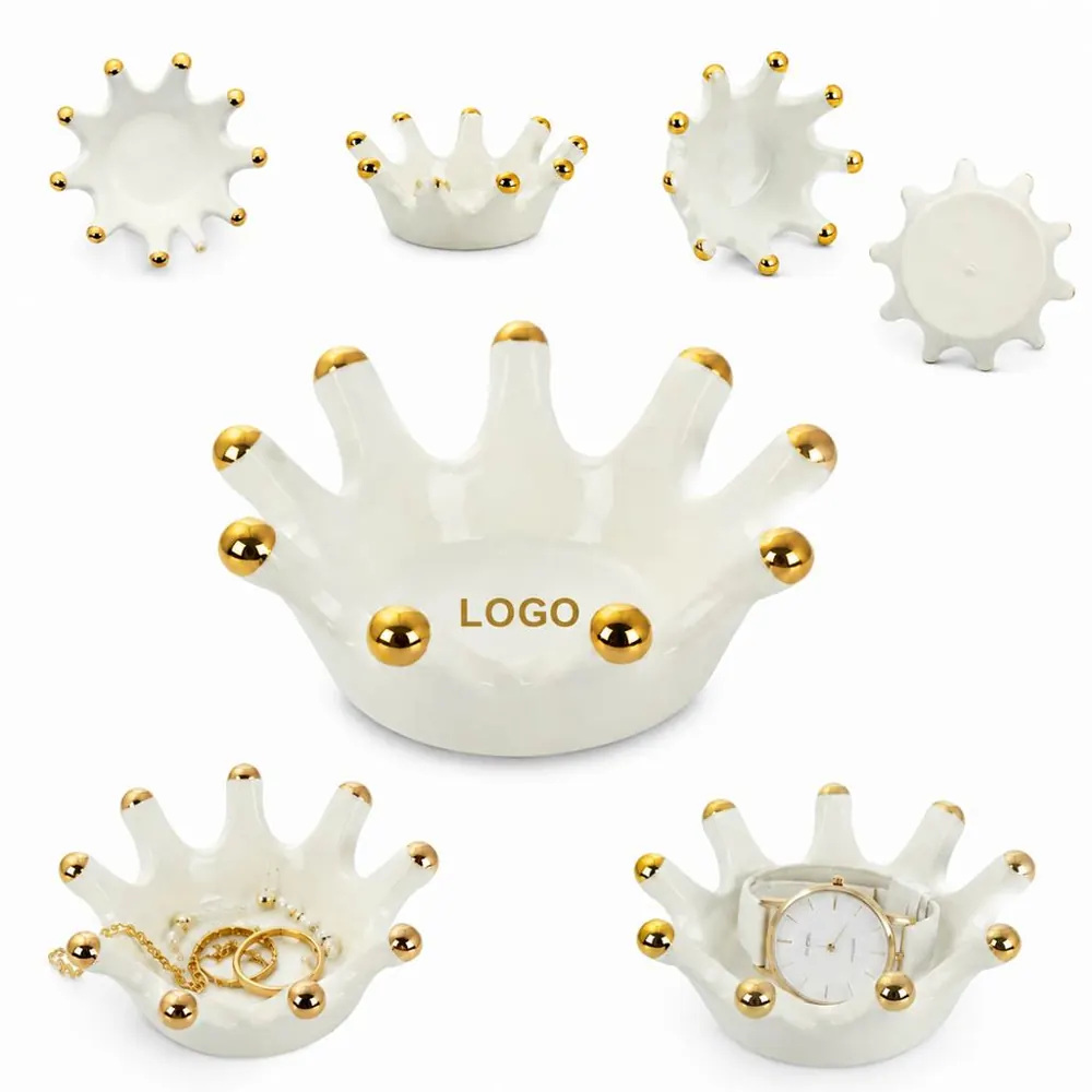 Gold Crown Ceramic Jewelry Plate with Tiered Compartments