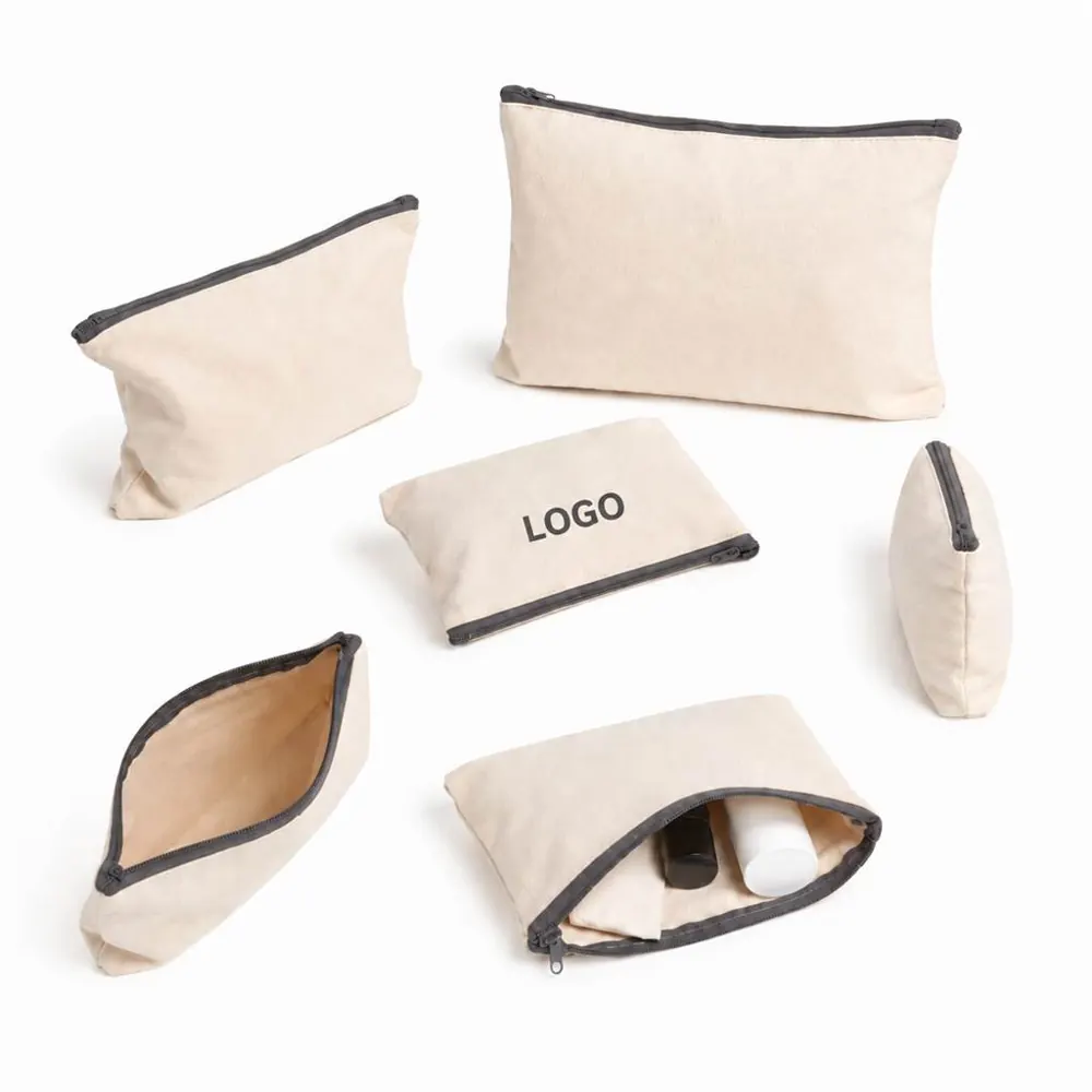 6 Pack Cream White Canvas Zipper Pouches, Durable Fabric
