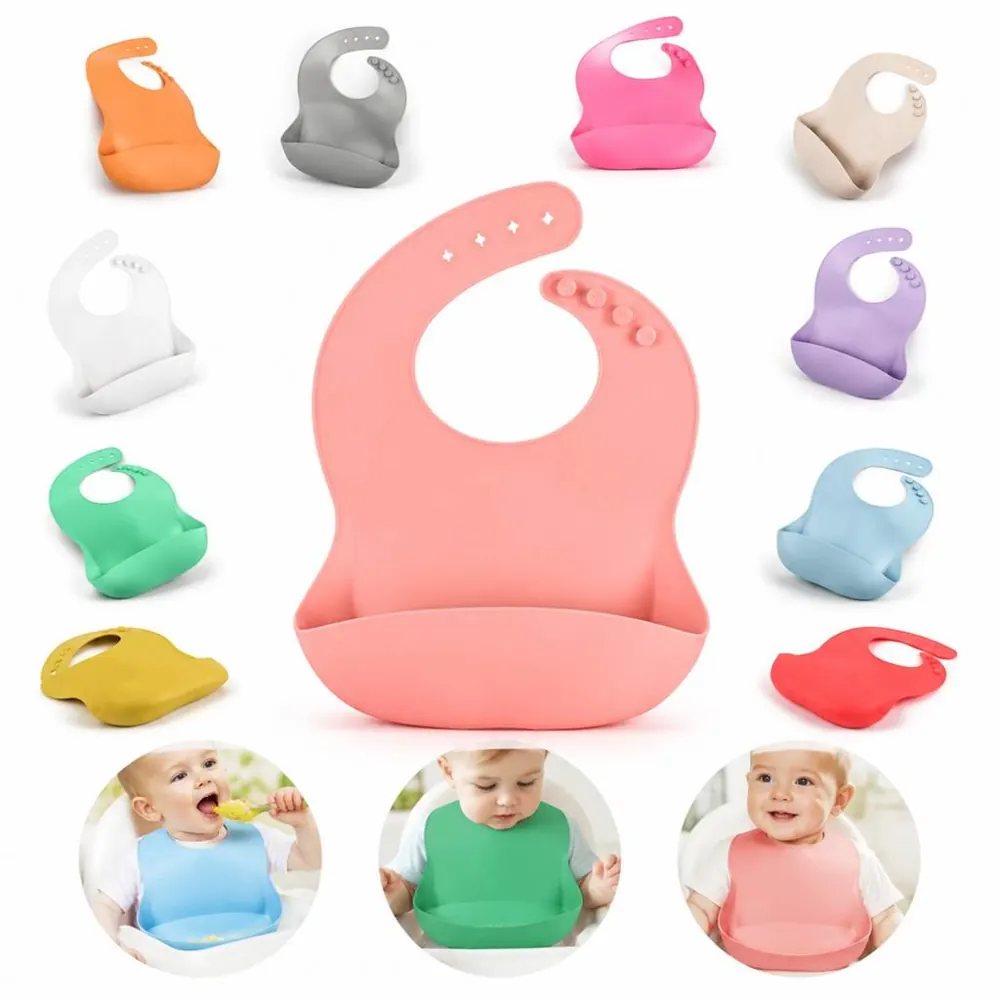 Adjustable Silicone Baby Bib with Deep Pocket for Easy 2