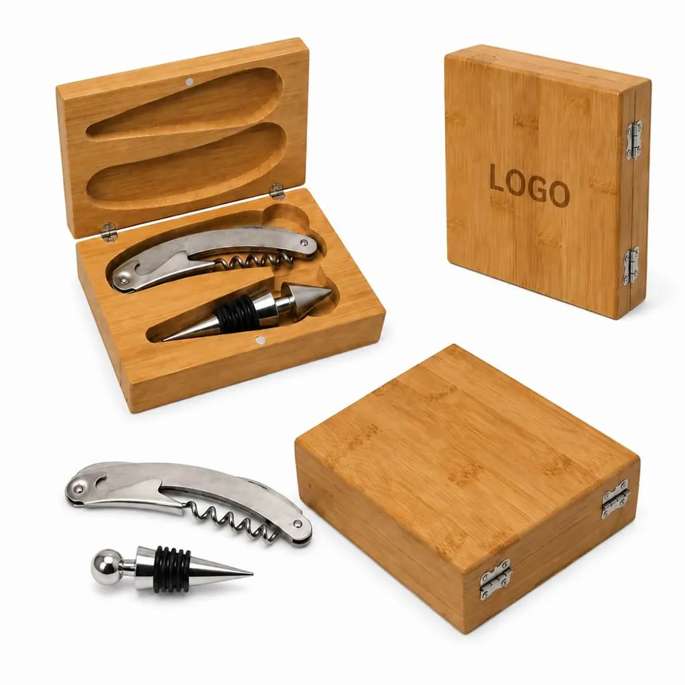 Bamboo Wine Tool Set with Stainless Steel Corkscrew
