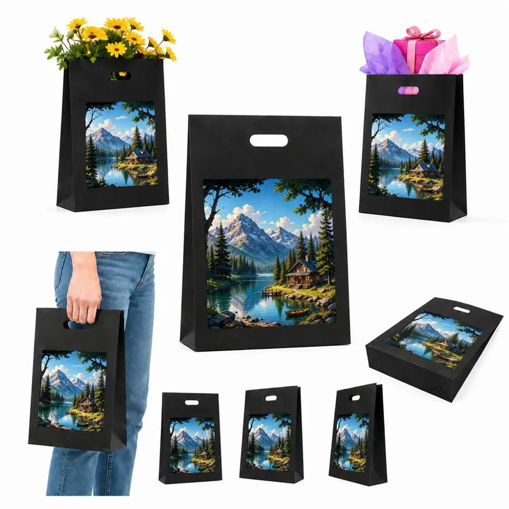 Matte Black Die Cut Plastic Gift Bag with Scenic Mountain 2