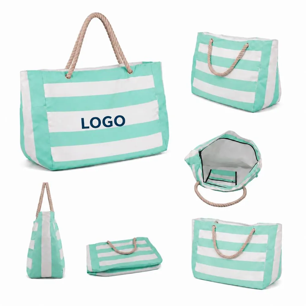 Striped Canvas Large Tote Bag with Laptop Compartment