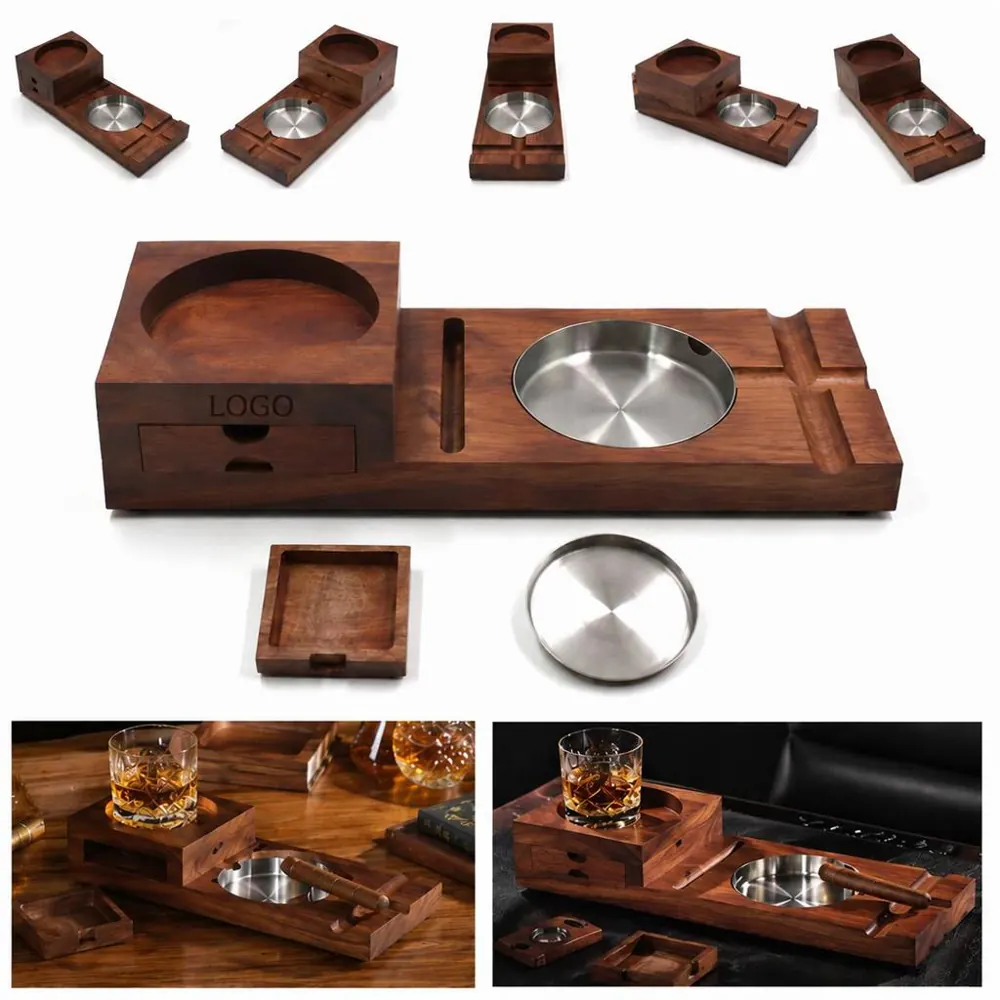 Wooden Cigar Ashtray Set with Glass Holder for Home Patio