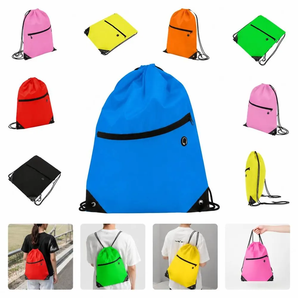 Durable Polyester Drawstring Backpack with Front Zipper 2