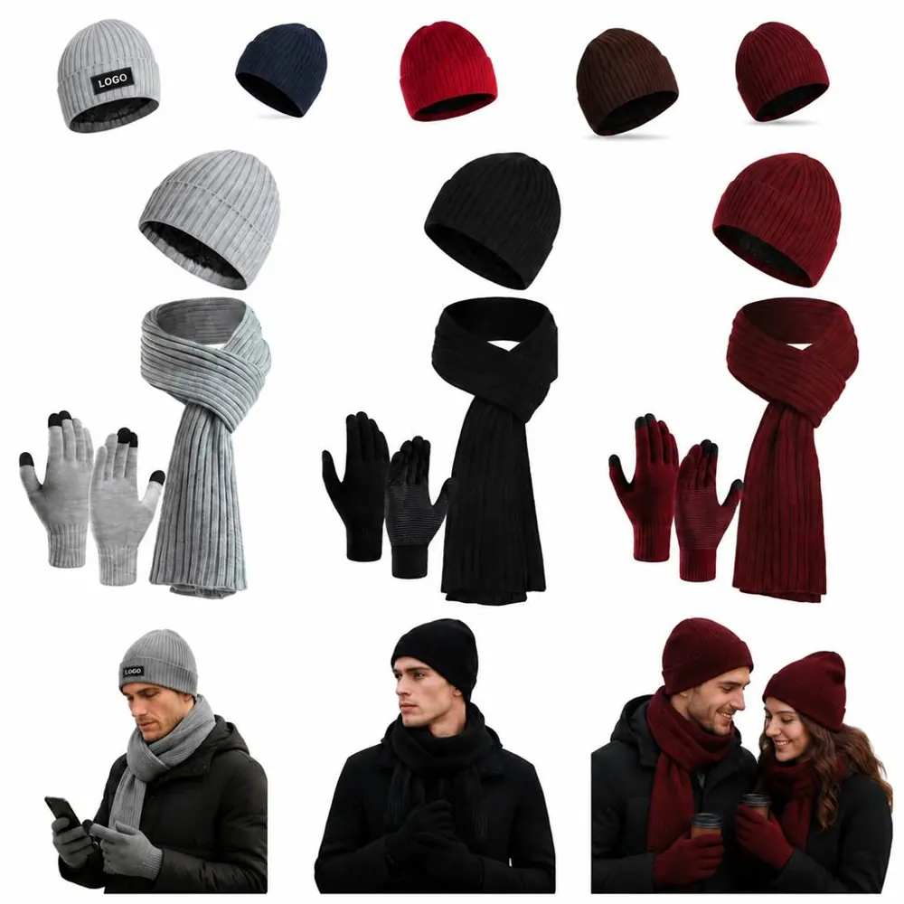 PC Black Winter Hat Scarf Gloves Set with Touchscreen