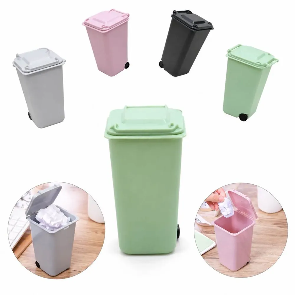 Mini Rectangular Desktop Trash Can with Flip Lid and Wheels 2