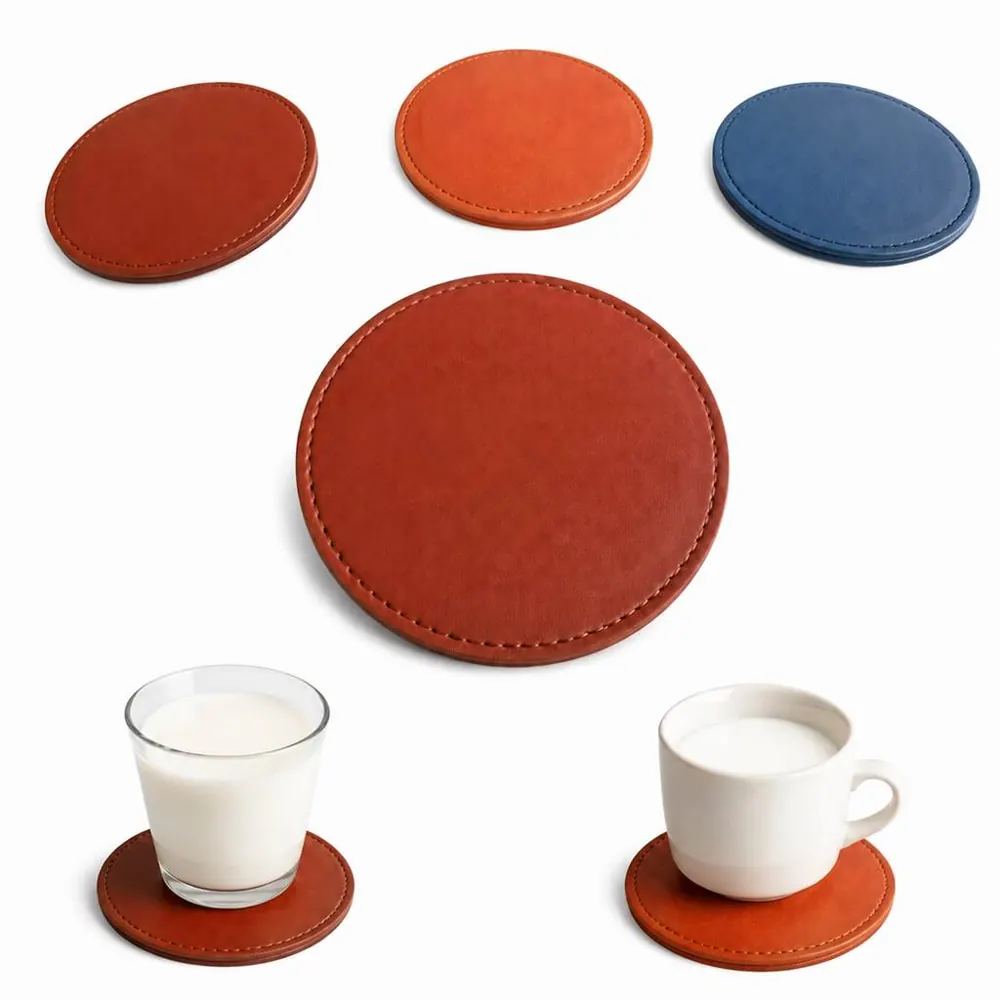 Stitched PU Leather Round Coaster Set for Table Protection 2