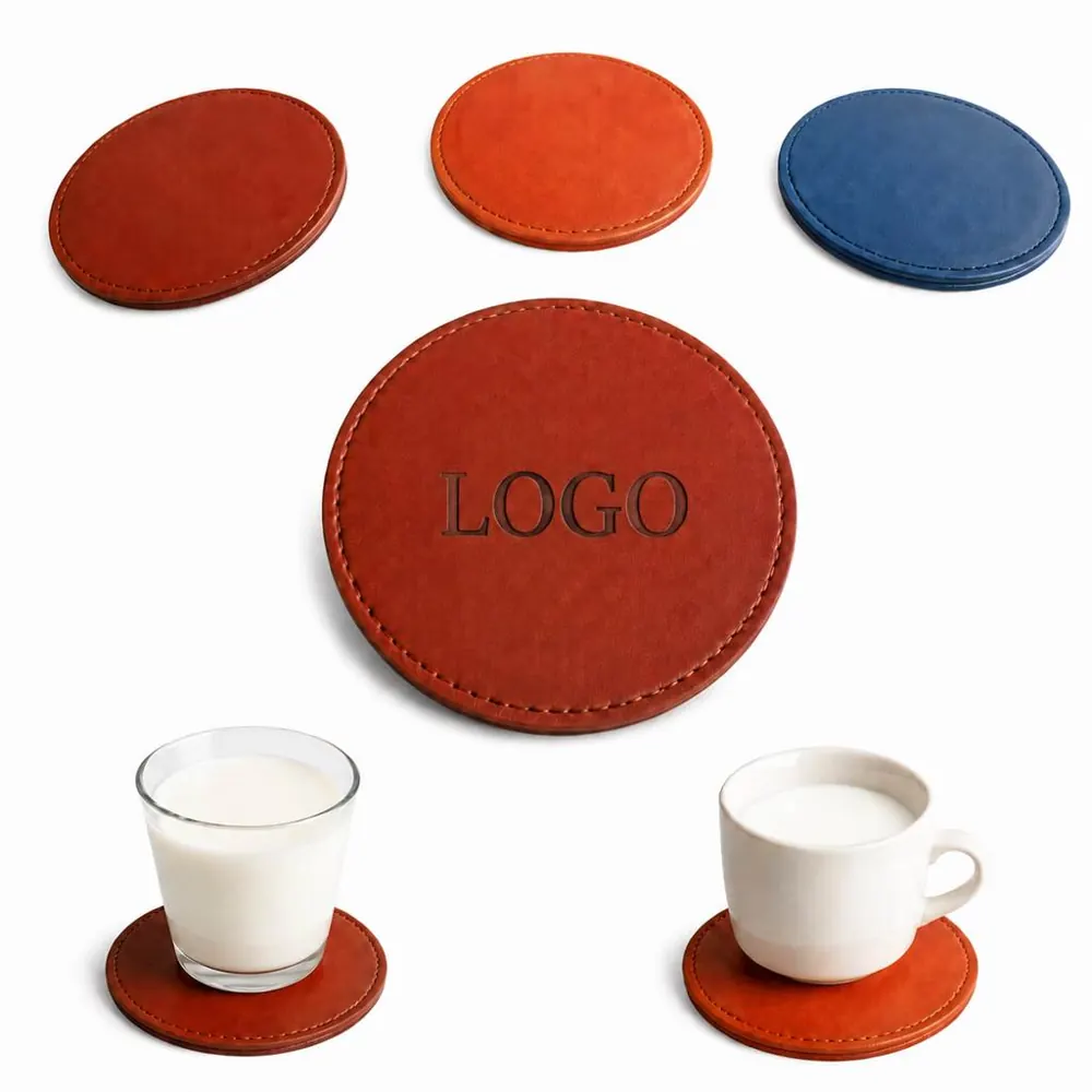 Stitched PU Leather Round Coaster Set for Table Protection