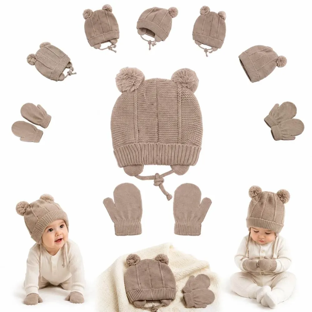 Children's Wool Braided Pom-Pom Hat & Mittens Set 2