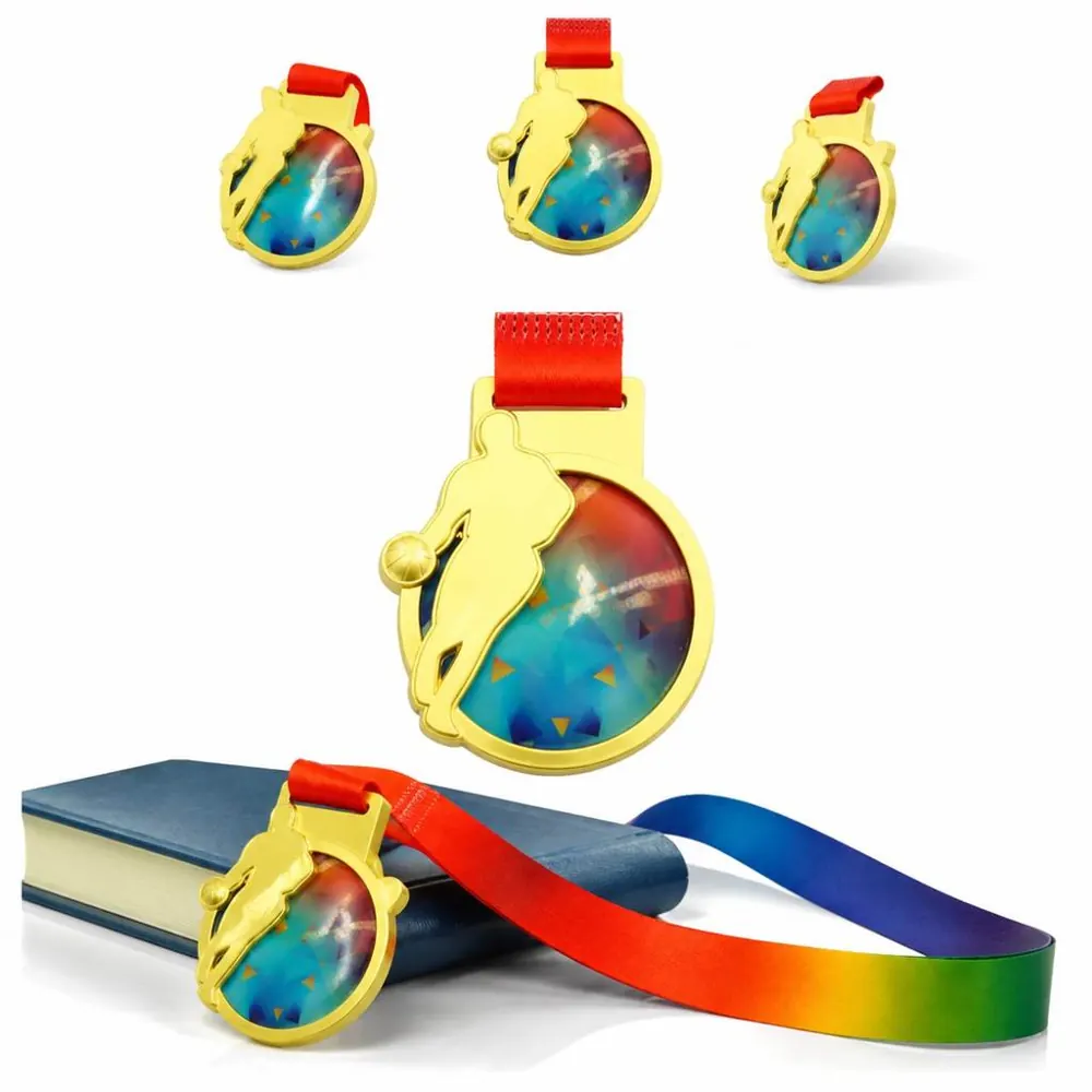 Custom Basketball Medal with Rainbow Ribbon, Gold 2