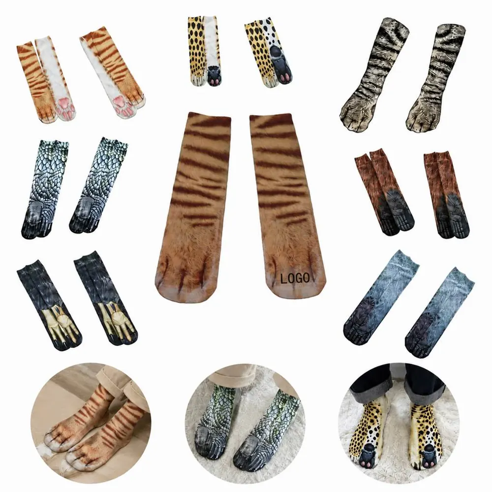 3D Animal Paw Print Crew Socks, Realistic Design