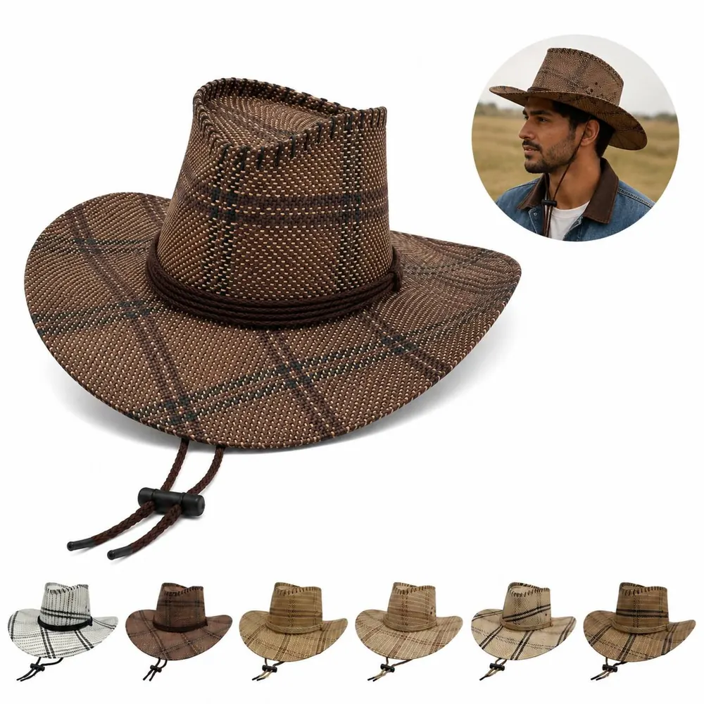 Straw Wide-Brim Cowboy Hat for Men Women Sun Protection 2
