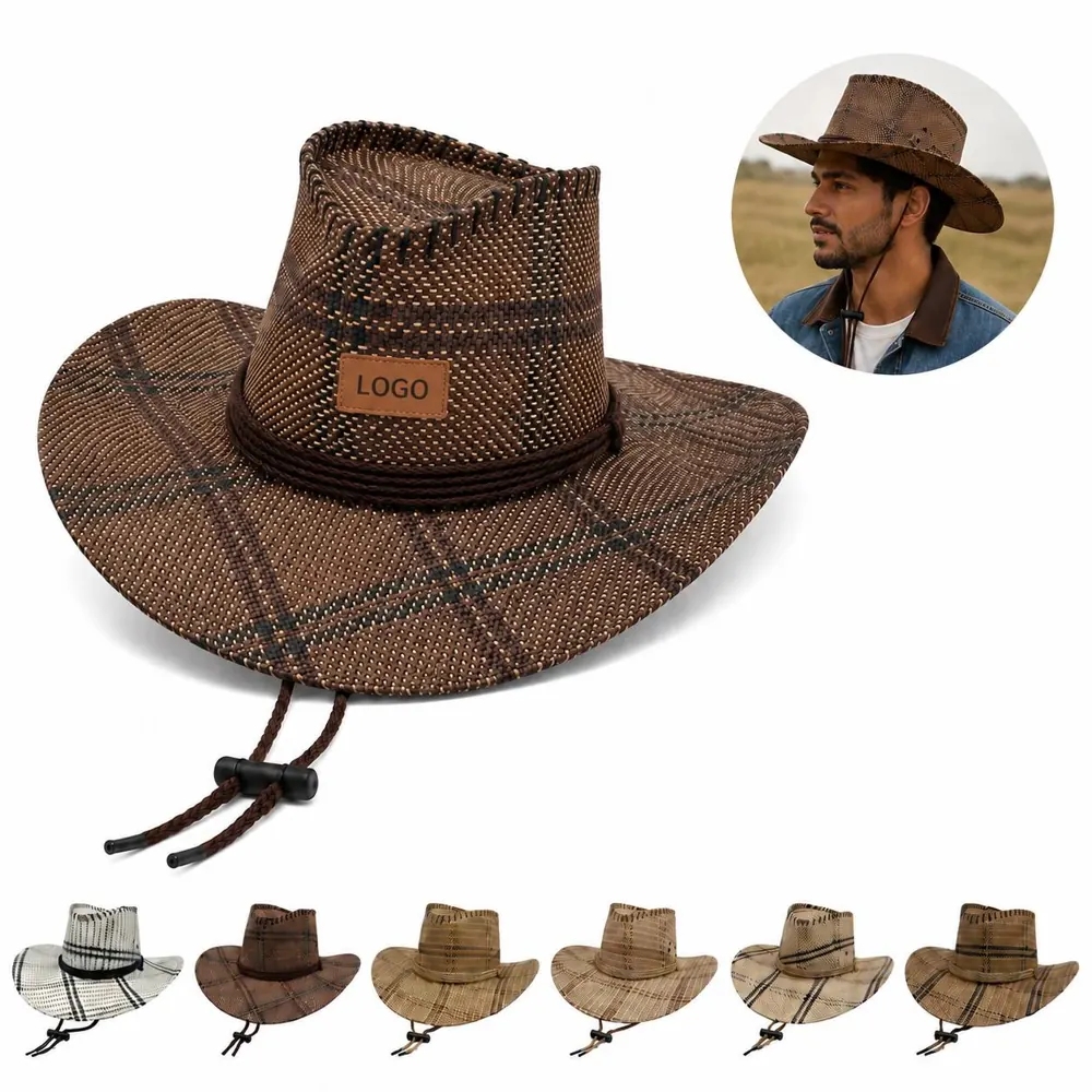 Straw Wide-Brim Cowboy Hat for Men Women Sun Protection